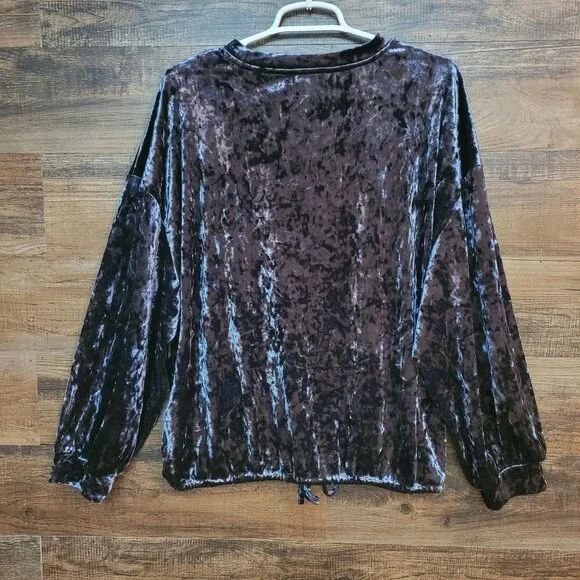 Adrianna Papell Crushed Velvet Top L Puff Sleeve Tie Wash Smokey Blue Shimmer - Picture 2 of 10